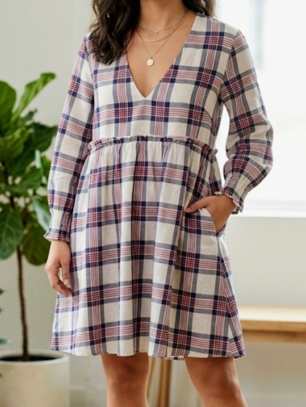 ZARA Plaid Babydoll Mini Dress Blue-red, V- Neck, Ruffle, Lightweight Size S
